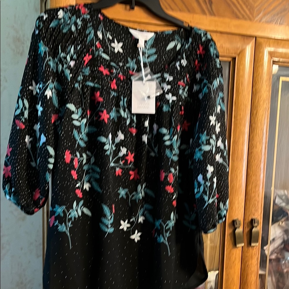 LC Lauren Conrad Black Blouse with Floral Design
